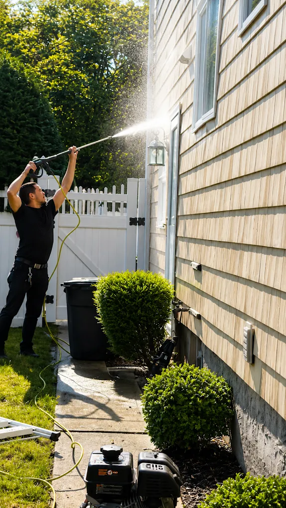 Technician pressure washing the vinyl siding of a Long Island home with a power washer