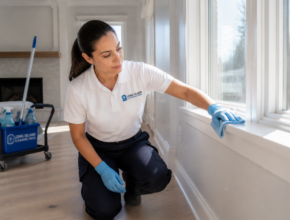 ISA Cleaning Services technician wiping fine construction dust from baseboards and window sills during post-construction cleaning on Long Island
